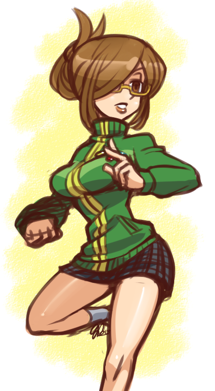 1girl, alternate_hairstyle, atlus, audrey_kare, breasts, brown_eyes, brown_hair, cosplay, erin_fitzgerald, female_focus, folded_ponytail, glasses, hair_over_one_eye, hair_up, jacket, lapel_pin, large_breasts, lipstick, makeup, megami_tensei, miniskirt, parasoul_(skullgirls), persona, persona_4, pin, plaid_clothes, plaid_skirt, satonaka_chie, satonaka_chie_(cosplay), semi-rimless_eyewear, shin_megami_tensei, skirt, skullgirls, solo, standing, standing_on_one_leg, track_jacket, under-rim_eyewear, voice_actor_connection, yellow-framed_eyewear