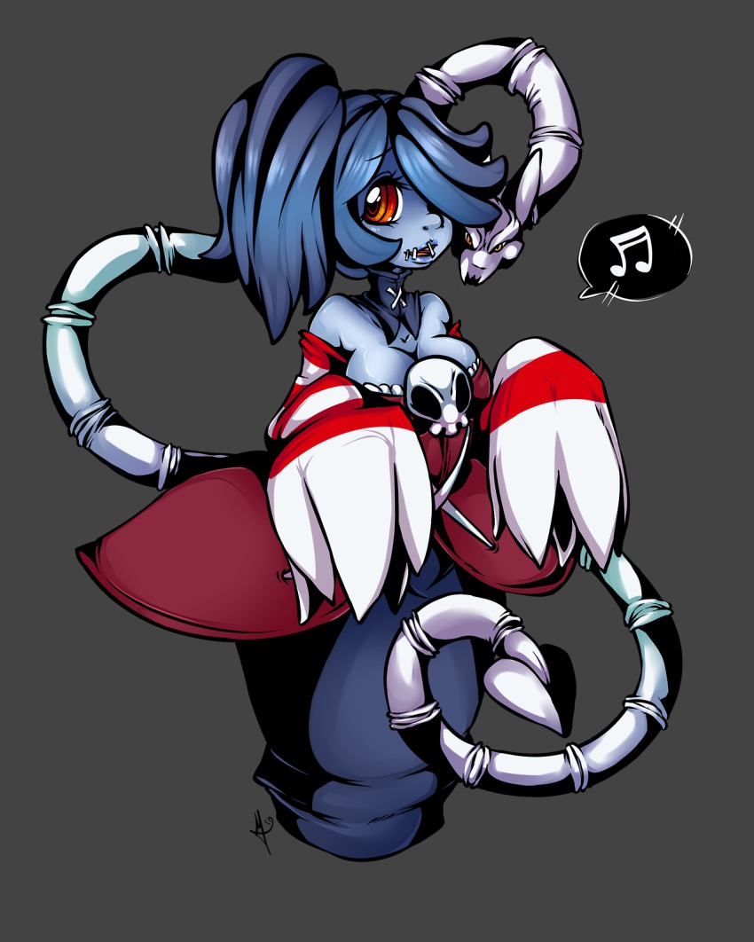 1girl, bare_shoulders, blue_hair, blue_skin, breasts, cleavage, colored_skin, detached_sleeves, female_focus, hair_over_one_eye, highres, leviathan_(skullgirls), long_hair, long_skirt, md5_mismatch, medium_breasts, musical_note, no_legs, red_eyes, side_ponytail, signature, simple_background, skirt, skullgirls, smile, solo, squigly_(skullgirls), stitched_mouth, stitches, striped_sleeves, tiki-san, zombie