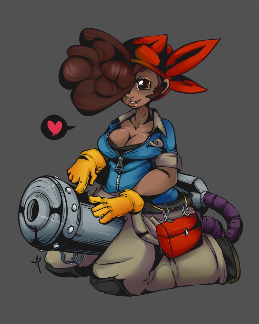 1girl, bandana, breasts, brown_eyes, brown_hair, cleavage, dark_skin, gloves