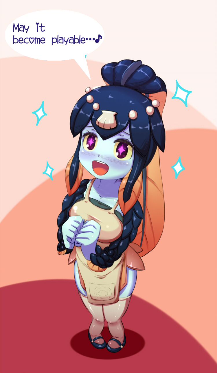 +_+, 1girl, apron, blue_skin, blunt_bangs, blush, breasts, colored_sclera