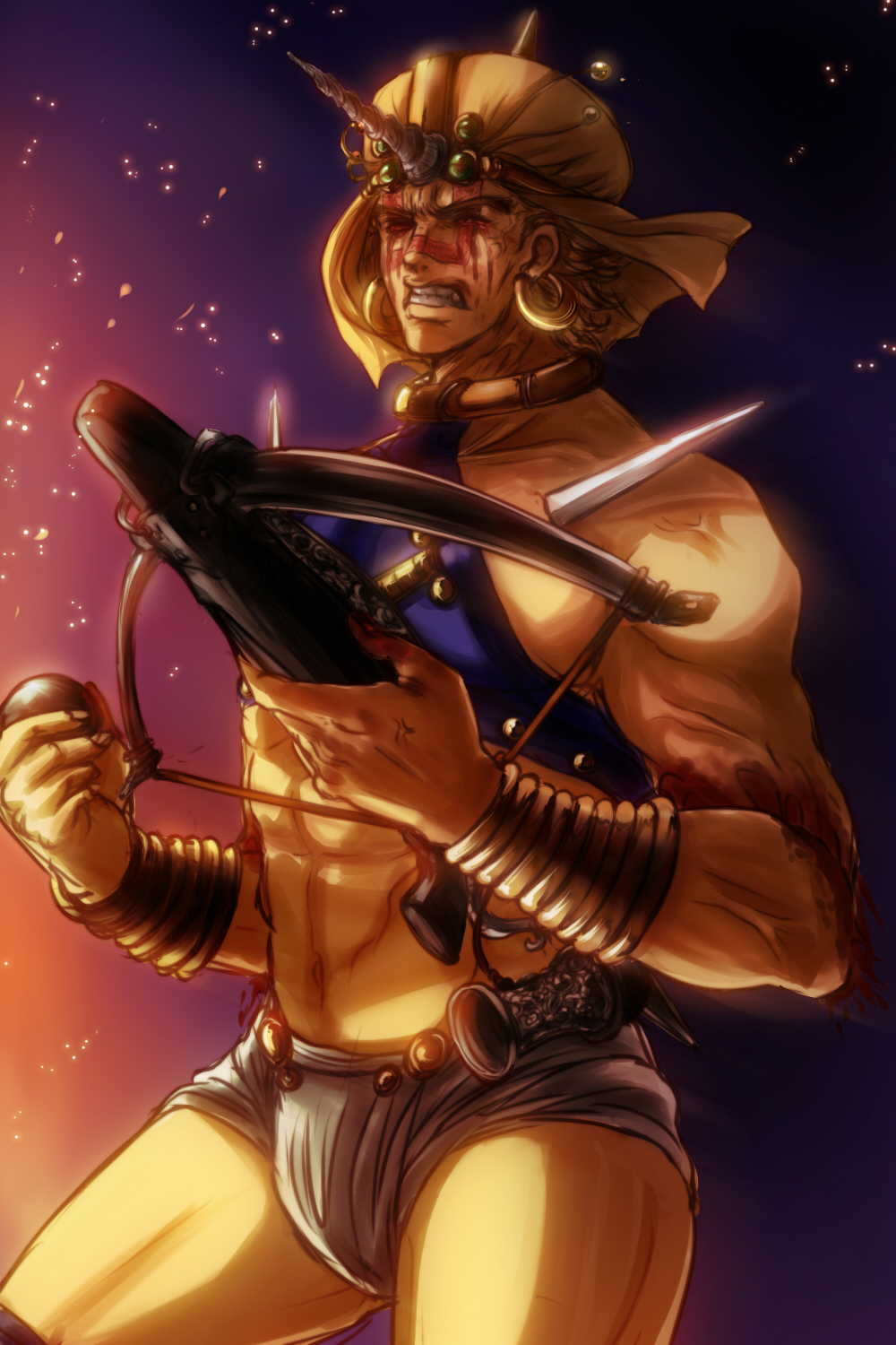 1boy, battle_tendency, blind, blinded, blonde_hair, blood, blood_on_face, bloody_tears, bow_(weapon), crossbow, earrings, facial_mark, highres, horns, injury, jewelry, jojo_no_kimyou_na_bouken, kinako_(nurupoga), loincloth, male_focus, midriff, monster_boy, nurupoga, single_horn, solo, tattoo, turban, wamuu, weapon