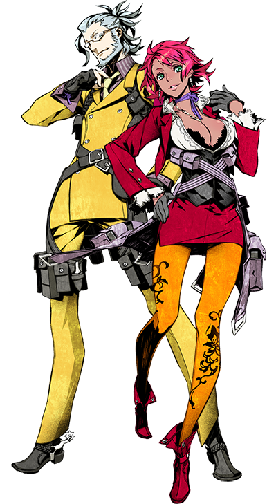 1boy, 1girl, 7th_dragon, 7th_dragon_(series), 7th_dragon_2020, 7th_dragon_2020-ii, ankle_boots, beard, belt, black_bra, boots, bra, breasts, buckle, buttons, choker, cleavage, cowboy_boots, cropped_jacket, dark_skin, earrings, facial_hair, fingerless_gloves, formal_clothes, full_body, glasses, gloves, green_eyes, grin, hand_on_own_hip, high_collar, high_ponytail, jewelry, lace, lace-trimmed_bra, lace_trim, large_breasts, looking_at_viewer, miniskirt, miwa_shirow, necklace, necktie, official_art, orange_pantyhose, pantyhose, pink_hair, ponytail, pouch, print_legwear, ribbon, ribbon_choker, semi-rimless_eyewear, short_hair, silver_hair, skirt, skirt_suit, smile, spurs, standing, suit, transparent_background, trickster_(7th_dragon), under-rim_eyewear, underwear, white_background, yellow_pantyhose