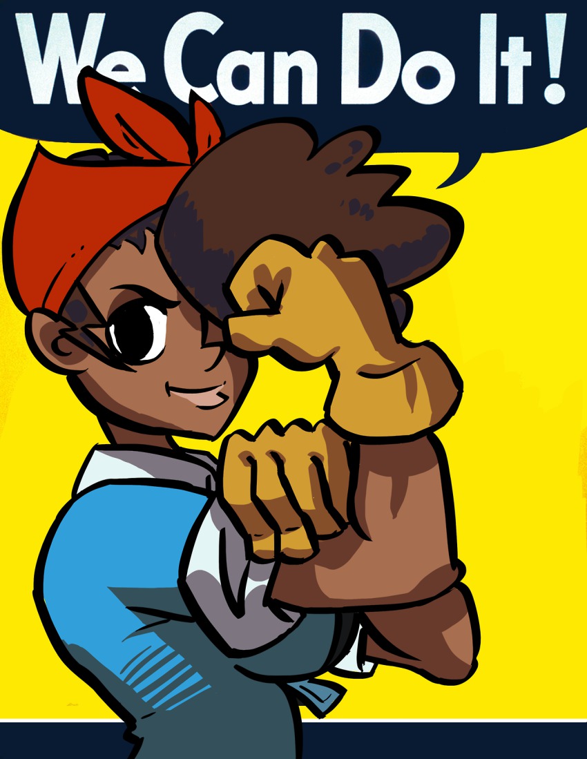 1girl, artist_request, bandana, bras_d'honneur, breasts, brown_hair, dark-skinned_female, dark_skin