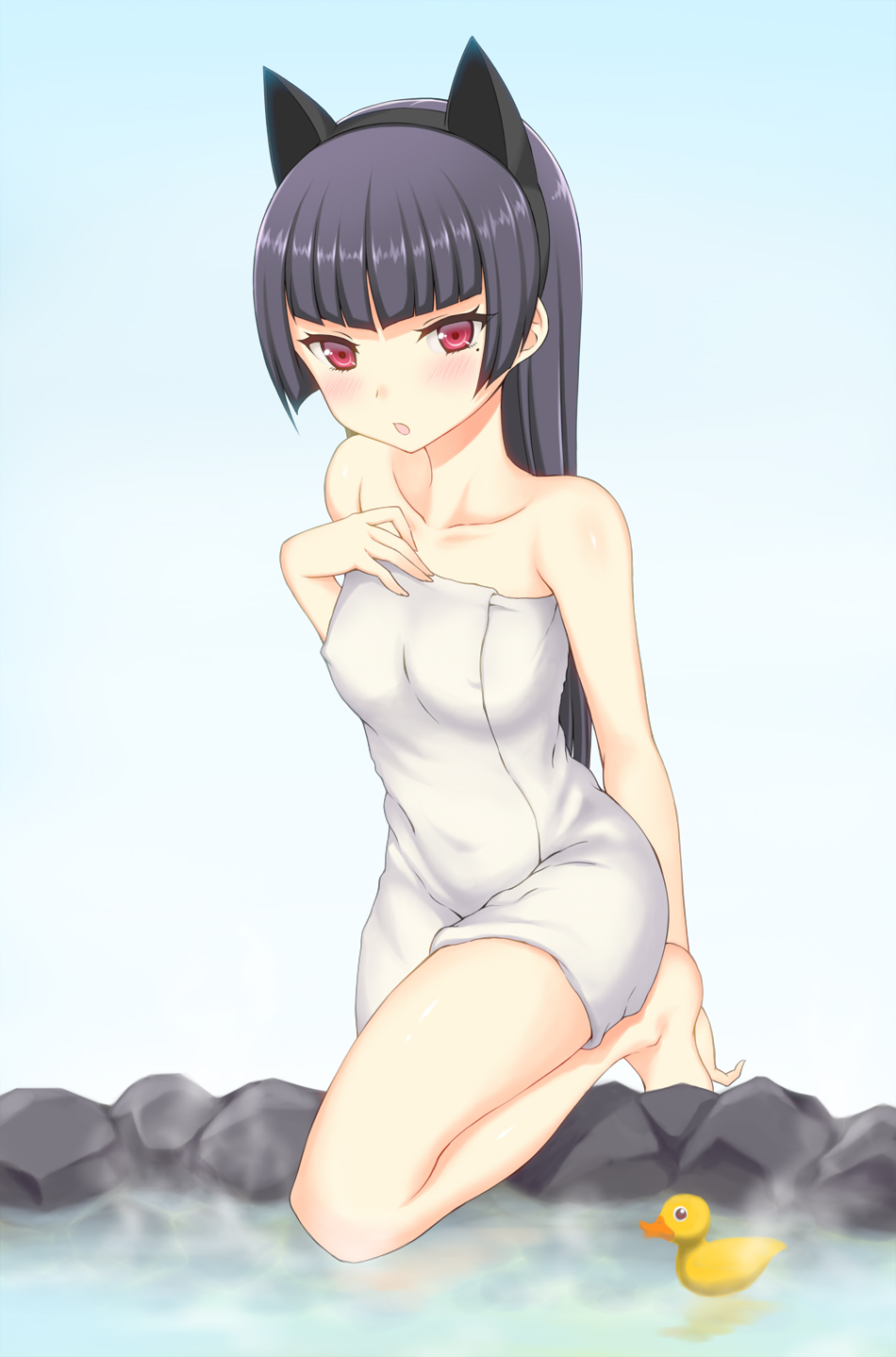 1girl, :o, animal_ears, black_hair, blunt_bangs, blush, breasts, cat_ears