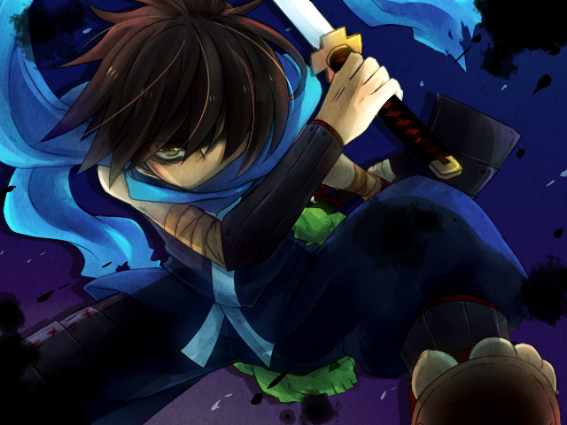 1boy, armor, bags_under_eyes, brown_hair, hair_over_one_eye, japanese_armor, japanese_clothes, katana, kisuke, kohaku_nao, kusazuri, male_focus, ninja, oboro_muramasa, sandals, scarf, skull, solo, sword, weapon, yellow_eyes