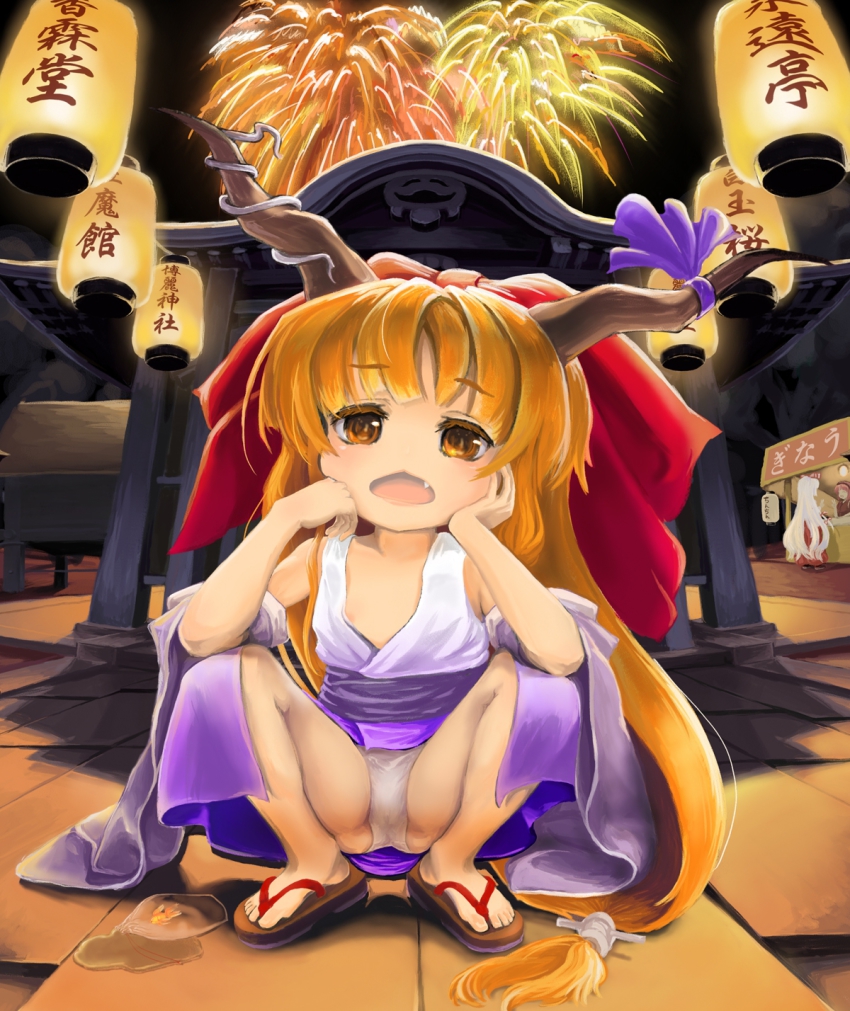 3girls, bad_id, bad_pixiv_id, blonde_hair, bow, chestnut_mouth, fang, female_focus, fireworks, fish, fujiwara_no_mokou, goldfish, hair_bow, hat, highres, horns, ibuki_suika, lantern, long_hair, mizutsu, multiple_girls, mystia_lorelei, open_mouth, orange_eyes, orange_hair, panties, paper_lantern, sandals, shrine, solo_focus, squatting, touhou, underwear, very_long_hair, white_hair, white_panties