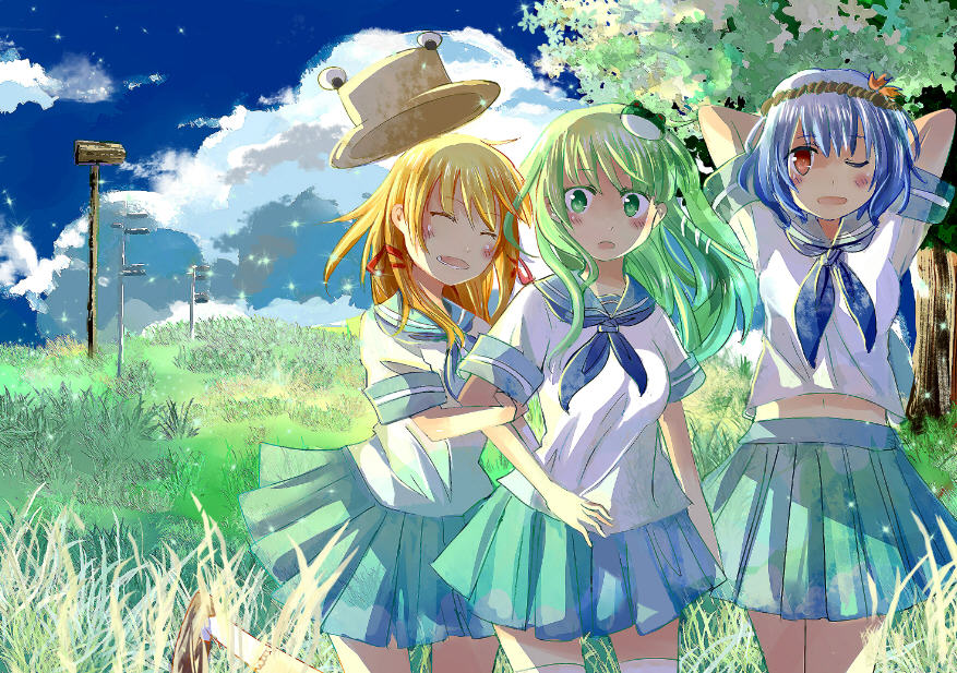 3girls, alternate_costume, bad_id, bad_pixiv_id, beartoris, blue_hair, blush, breasts