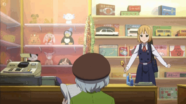 10s, 1boy, 1girl, animated, animated_gif, blonde_hair, board_game, school_uniform, stuffed_animal, stuffed_toy, tamako_market, tokiwa_midori, tokiwa_nobuhiko, wand, watch