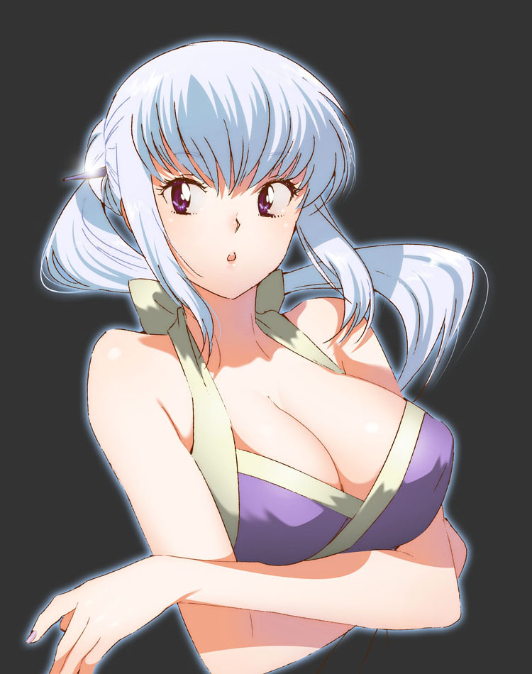 1girl, :o, bare_shoulders, breasts, cleavage, female_focus, hair_bun, large_breasts, long_hair, looking_away, mature_female, nail_polish, open_mouth, ponytail, purple_eyes, silver_hair, simple_background, single_hair_bun, solo, tsubomi_fujiko, yukimitsuki, zettai_karen_children