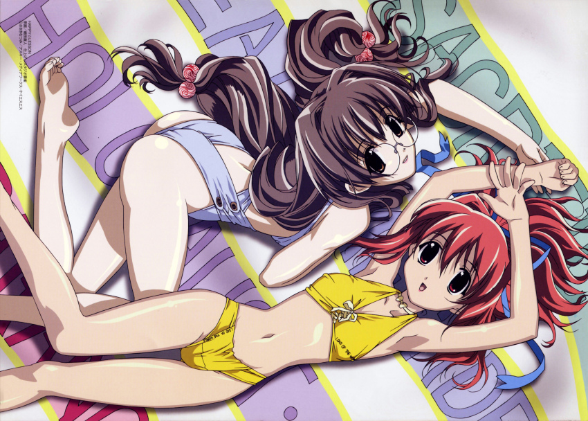 00s, 2girls, absurdres, arms_up, ass, barefoot, bikini, blue_one-piece_swimsuit, brown_eyes, brown_hair, crease, feet, glasses, hair_ornament, happy_lesson, highres, hosoda_naoto, ichimonji_mutsuki, long_hair, lying, multiple_girls, one-piece_swimsuit, red_eyes, red_hair, rokumatsuri_minazuki, scan, swimsuit, toes, yellow_bikini