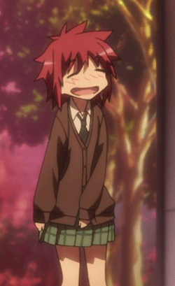 10s, 1girl, animated, animated_gif, anime_screenshot, blush, boku_wa_tomodachi_ga_sukunai, cardigan, fang, happy, lowres, necktie, non-web_source, red_hair, school_uniform, skirt, standing, swaying, yusa_aoi