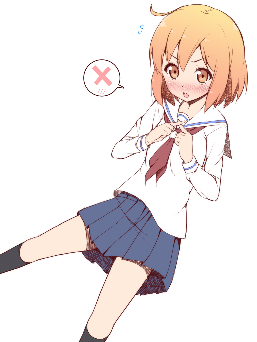 10s, 1girl, blush, crossed_fingers, female_focus, flying_sweatdrops, highres, kneehighs, kotoura-san, kotoura_haruka, matching_hair/eyes, nectar_(fujiya), orange_eyes, orange_hair, school_uniform, serafuku, short_hair, skirt, socks, solo, x_(letter), x_fingers