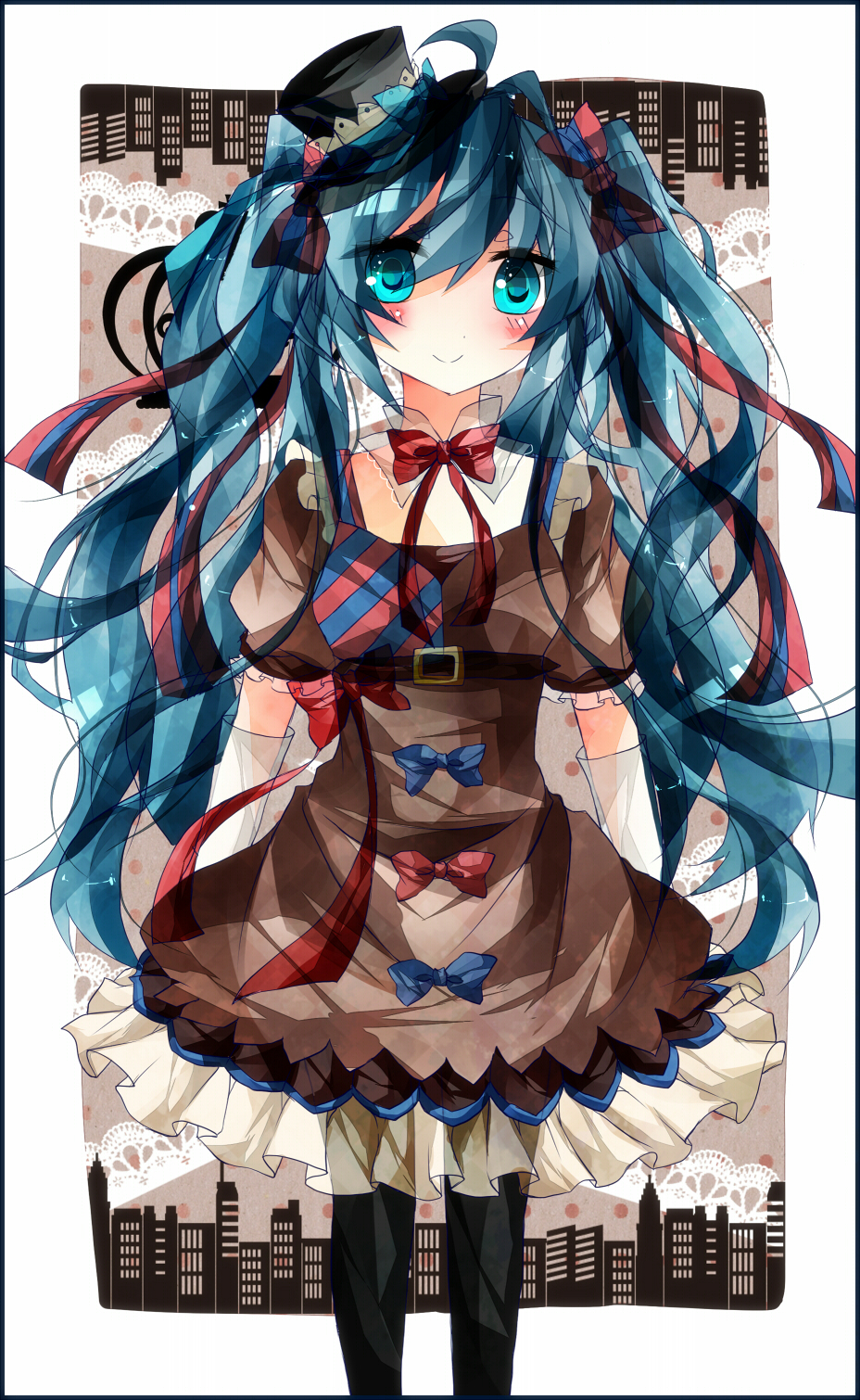 1girl, aqua_eyes, aqua_hair, belt, blush, bow, bowtie, dress