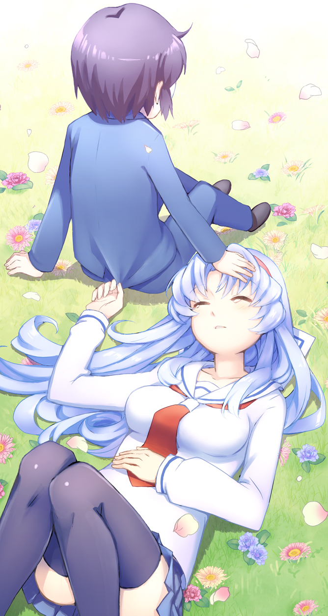 10s, 1boy, 1girl, black_hair, black_thighhighs, blue_hair, closed_eyes, couple