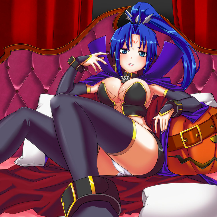 1girl, bad_id, bad_pixiv_id, bed, belt, black_thighhighs, blue_eyes, blue_hair