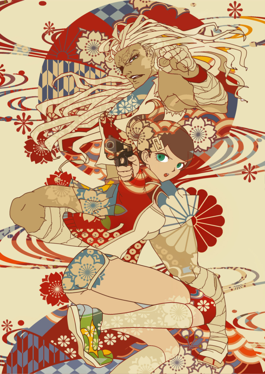 10s, 2girls, asahina_aoi, bandages, bourbone, brown_hair, clenched_hand, danganronpa:_trigger_happy_havoc