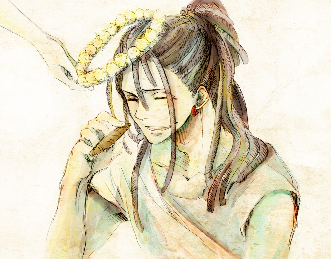 1boy, bad_id, bad_pixiv_id, cigar, en_(sanote), closed_eyes, flower, head_wreath