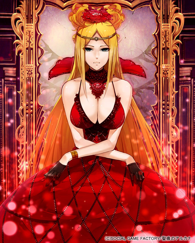 1girl, bare_shoulders, blonde_hair, bracelet, breasts, circlet, cleavage, dress