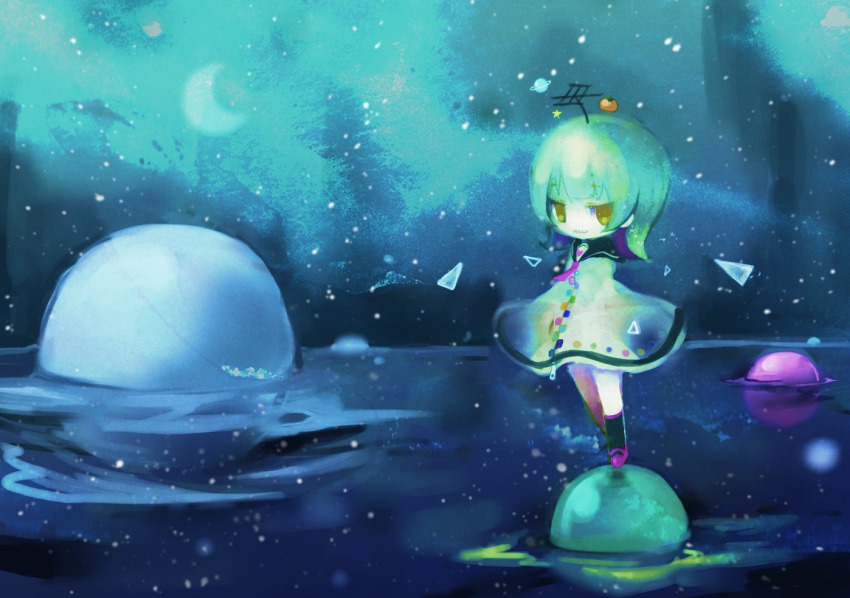 1girl, black_socks, chibi, crescent_moon, dress, eruri, female_focus, floating