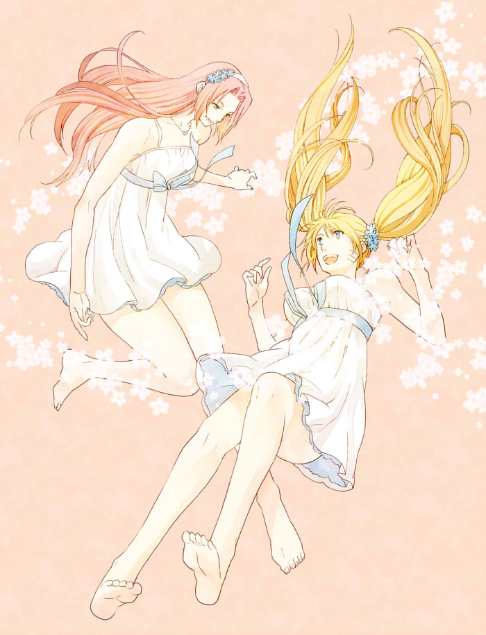 2girls, bad_id, bad_pixiv_id, barefoot, blue_eyes, dress, full_body, genderswap, genderswap_(mtf), green_eyes, haruno_sakura, long_hair, multiple_girls, naruko_(naruto), naruto_(classic), naruto_(series), pink_hair, ribbon, smile, twintails, uzumaki_naruto, white_dress, yuzuru