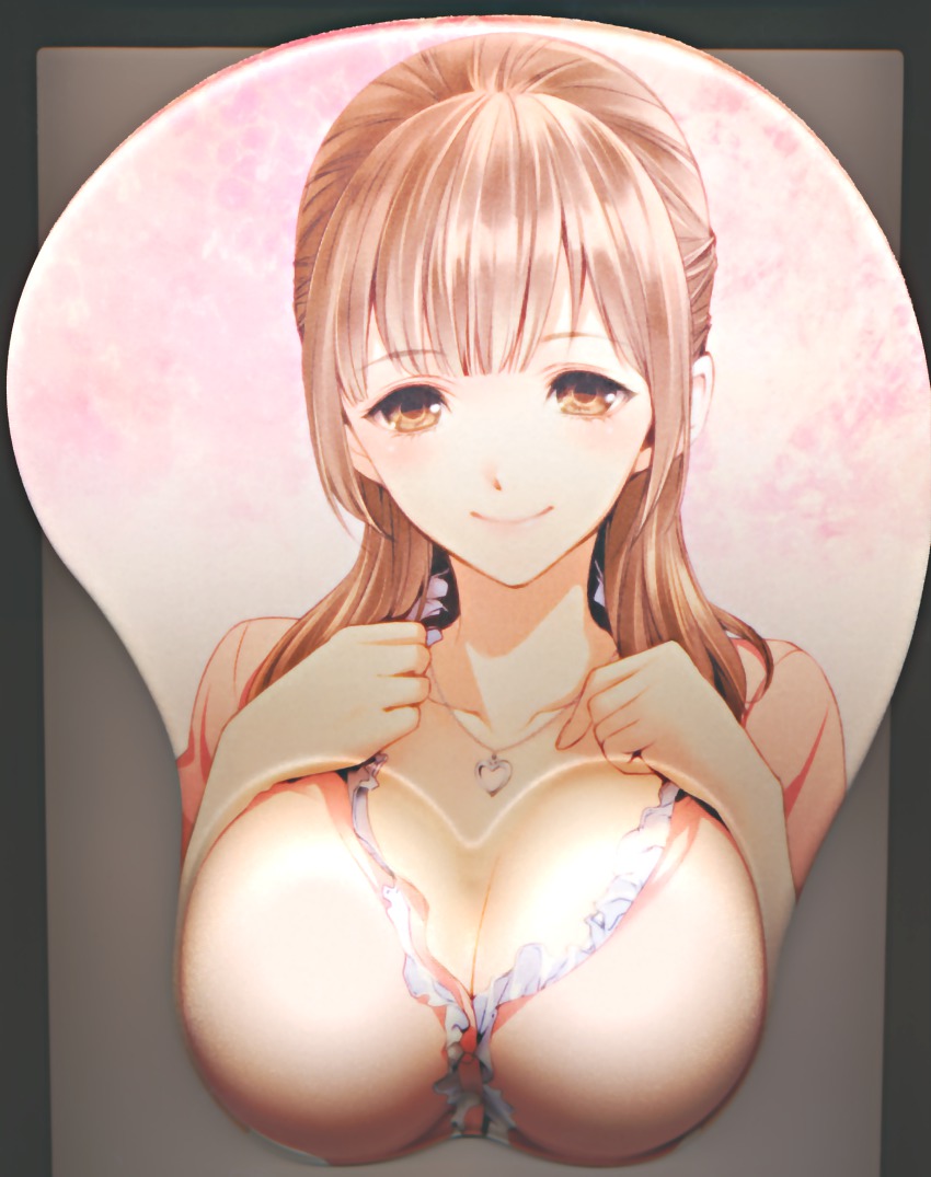 1girl, breast_hold, breast_mousepad, breasts, brown_eyes, brown_hair, cleavage, female_focus