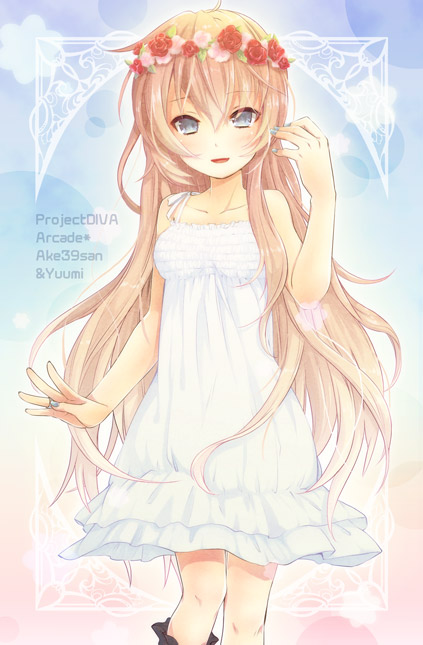 1girl, blue_eyes, dress, female_focus, flower, head_wreath, just_be_friends_(vocaloid), long_hair