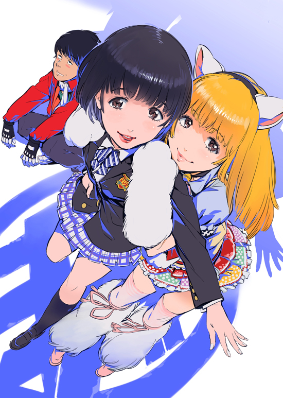 1boy, 2girls, akagi_nobuo, animal_ears, animal_hands, animification, aoyagi_mitsuki, black_hair, blonde_hair, brown_eyes, cat_paws, hikounin_sentai_akibaranger, leg_warmers, lips, moegi_yumeria, multiple_girls, plaid_clothes, plaid_skirt, scarf, school_uniform, shimoguchi_tomohiro, skirt