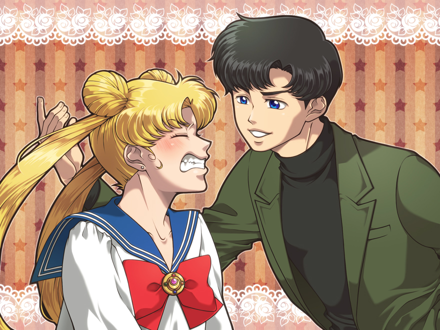 1990s_(style), 1boy, 1girl, bishoujo_senshi_sailor_moon, bishoujo_senshi_sailor_moon_(first_season), black_hair, blonde_hair, blue_sailor_collar, blush, border, bow, chiba_mamoru, clenched_teeth, closed_eyes, doily, double_bun, hair_bun, jacket, lace, lace_border, ornate_border, profile, red_bow, retro_artstyle, sailor_collar, school_uniform, serafuku, soranodio, striped_background, teeth, tsukino_usagi, twintails, vertical_stripes