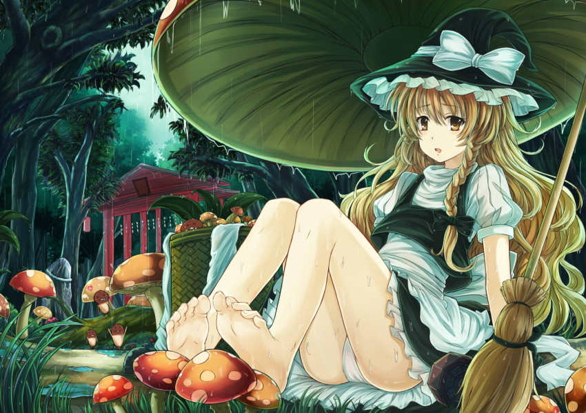 1girl, barefoot, basket, beeworks, blonde_hair, bow, braid, broom