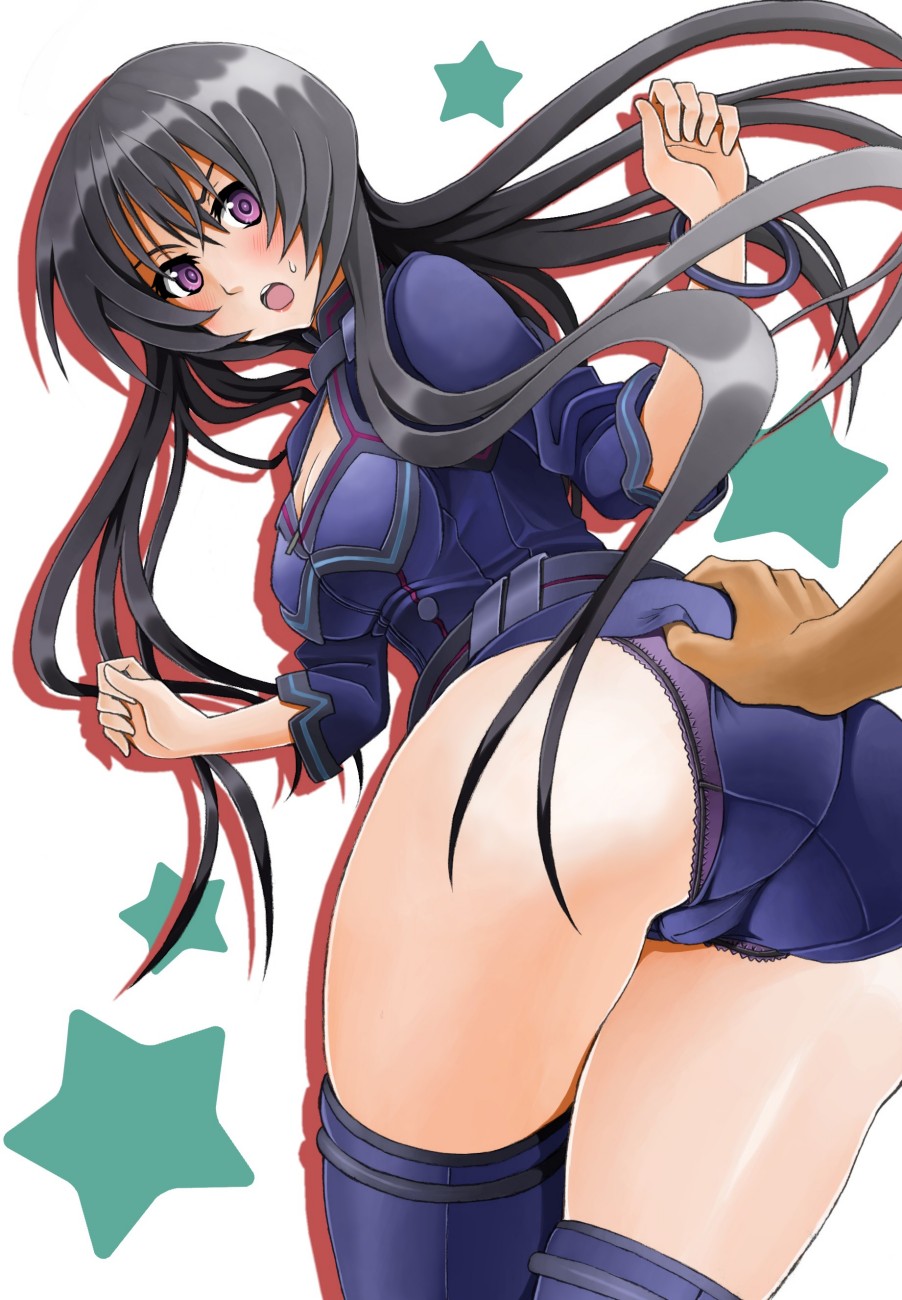 1girl, ass, azarashing_day, bad_id, bad_pixiv_id, banpresto, black_hair, black_panties, blush, breasts, cleavage_cutout, clothing_cutout, groping, highres, long_hair, looking_back, panties, purple_eyes, saya_krueger, super_robot_wars, super_robot_wars_original_generation, super_robot_wars_ux, sweatdrop, thighhighs, underwear