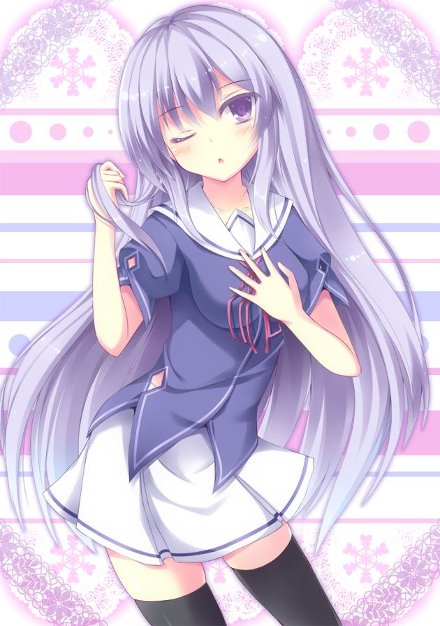 10s, 1girl, bad_id, bad_pixiv_id, black_thighhighs, blush, female_focus, k-monkurenai, long_hair, natsukawa_masuzu, nugu-kurenai, one_eye_closed, ore_no_kanojo_to_osananajimi_ga_shuraba_sugiru, purple_eyes, sakuba_nao, school_uniform, short_sleeves, silver_hair, skirt, solo, thighhighs, very_long_hair, wink, zettai_ryouiki