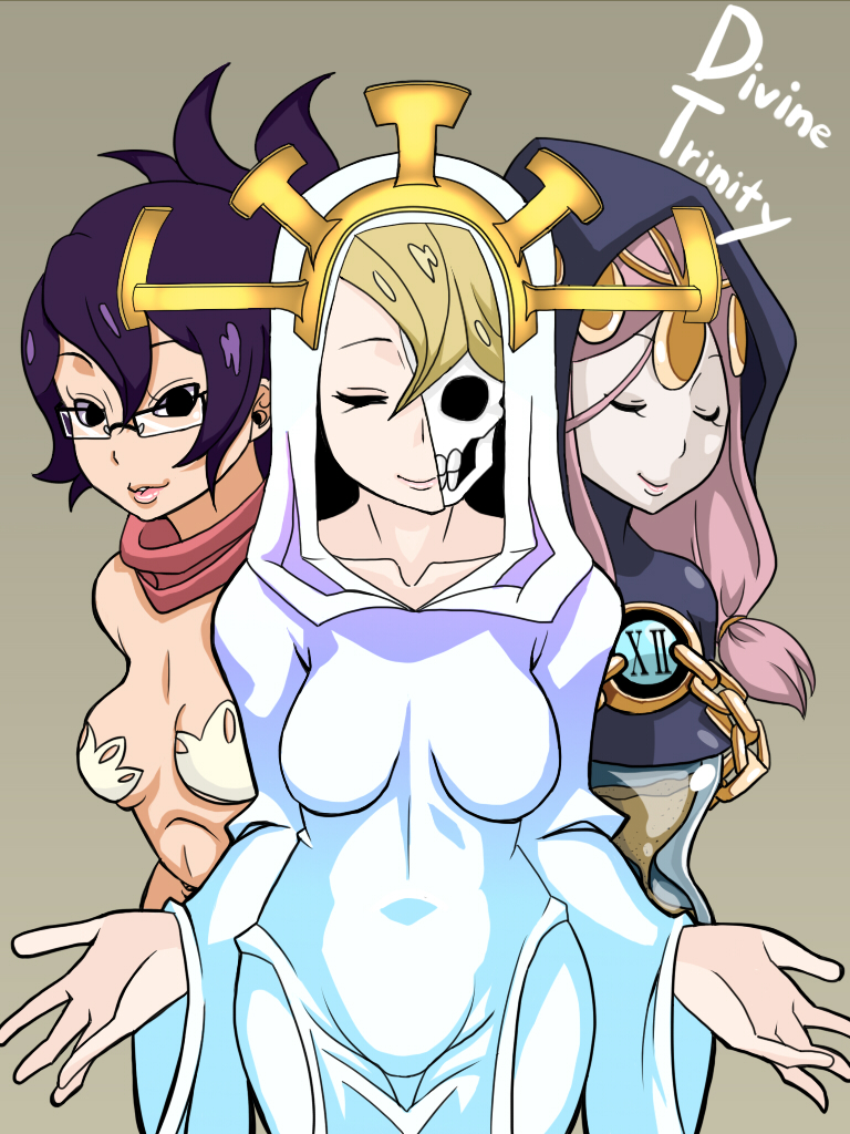 3girls, aeon_(skullgirls), black_hair, blonde_hair, breasts, closed_eyes, eito, family, folded_ponytail, glasses, hood, hourglass, long_hair, mother_(skullgirls), mother_and_child, mother_and_daughter, multiple_girls, parent_and_child, pasties, pink_hair, scarf, siblings, sisters, skull, skullgirls, venus_(skullgirls)