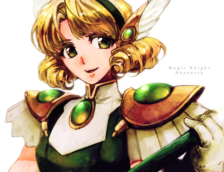 1990s_(style), 1girl, armor, blonde_hair, copyright_name, female_focus, green_eyes, hairband