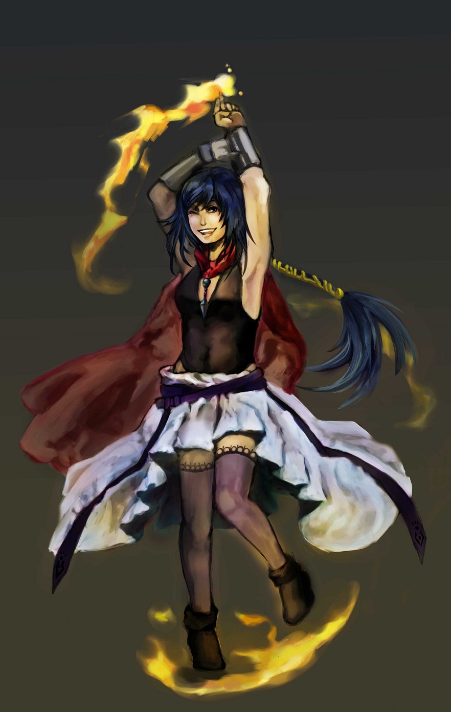 althea_(luminous_arc), althea_(mirage_noir), armor, belt, blue_hair, braid, cape, fire