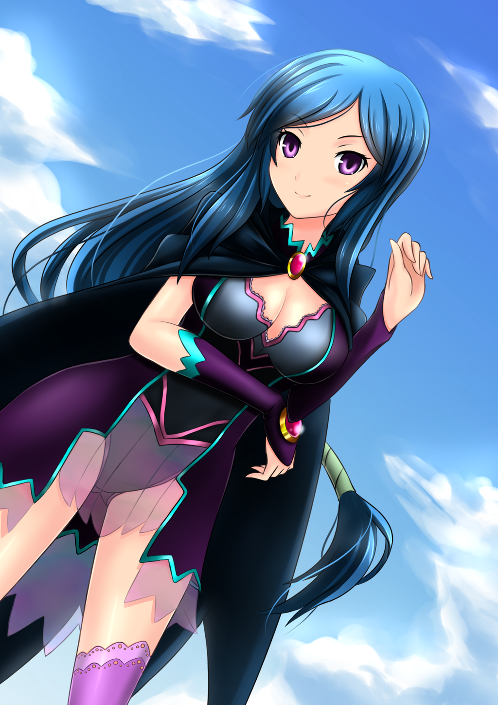althea_(luminous_arc), althea_(mirage_noir), blue_hair, braid, cape, cloud, gem, highres, magic, mirage_noir, purple_eyes, sky, smile, tagme, thighhighs