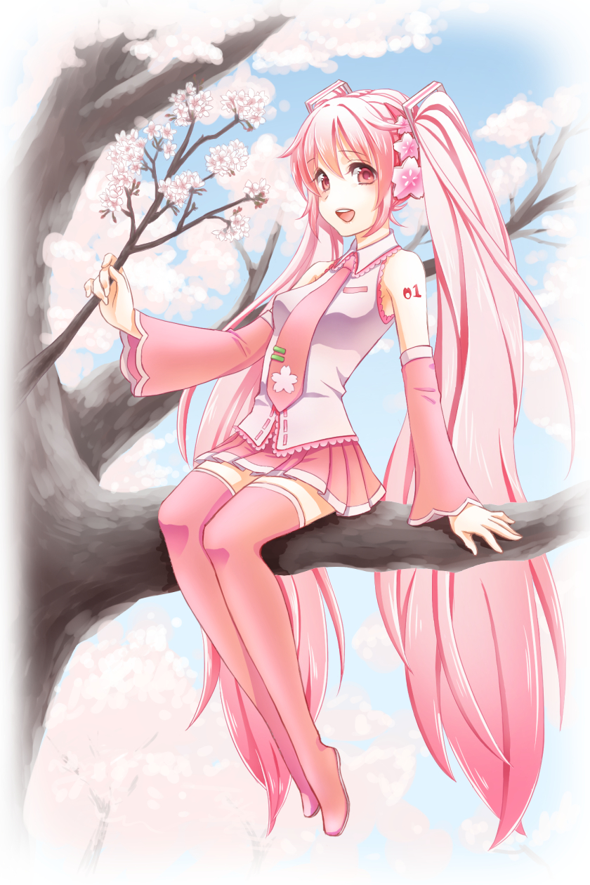 1girl, boots, cherry_blossoms, detached_sleeves, female_focus, hatsune_miku, highres, in_tree, karato, long_hair, necktie, open_mouth, pink_eyes, pink_hair, sakura_miku, sitting, sitting_in_tree, skirt, solo, thigh_boots, thighhighs, tree, twintails, very_long_hair, vocaloid