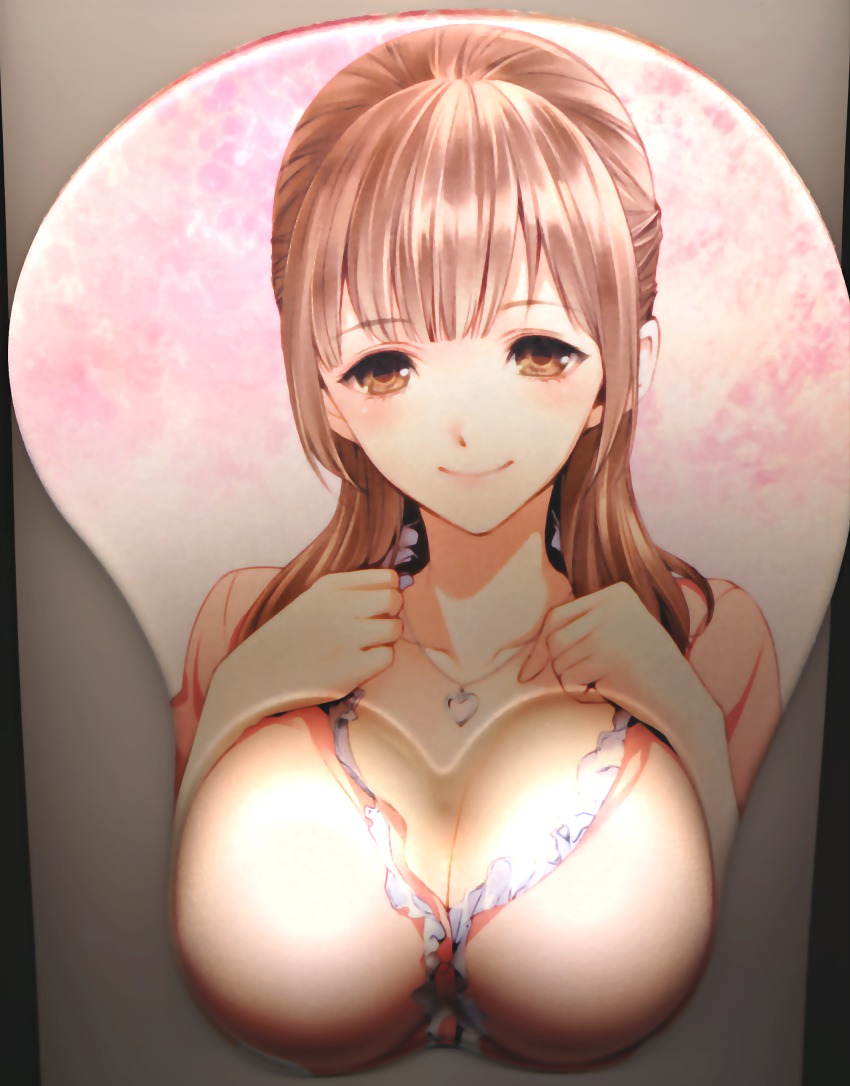 absurdres, breast_hold, breast_mousepad, breasts, brown_eyes, brown_hair, cleavage, highres