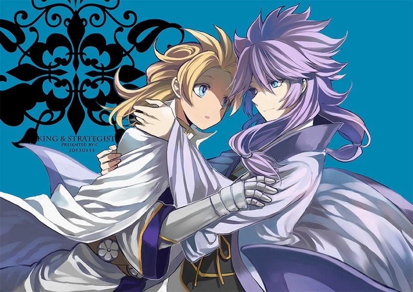 2boys, amemiya_taiyou, armor, bad_id, bad_pixiv_id, blonde_hair, blue_background, blue_eyes, cezaria, dated, english_text, fusion, inazuma_eleven_(series), inazuma_eleven_go, inazuma_eleven_go_chrono_stone, king_arthur_(inazuma_eleven), long_hair, male_focus, matsukaze_tenma, multiple_boys, purple_hair, zhuge_kongming_(inazuma_eleven)