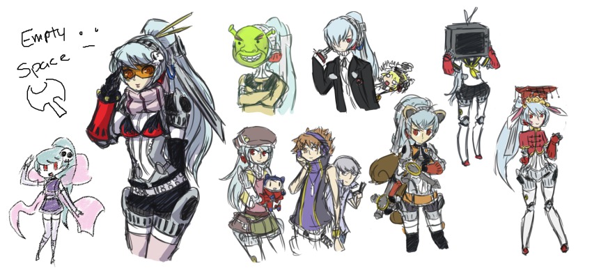 1girl, 2boys, aigis_(persona), android, animal_ears, arc_system_works, asymmetrical_gloves, atlus, bad_id, bad_pixiv_id, bikini, bikini_top_only, blazblue, blazblue:_continuum_shift, blue_hair, character_request, collage, company_connection, cosplay, dual_wielding, elsea_de_lute_irma_(cosplay), elysia_de_lute_ima, elysia_de_lute_ima_(cosplay), finger_gun, flame_print, gloves, hagoromo, hair_ornament, hair_stick, hanamura_yousuke, hat, headphones, highres, holding, kami_nomi_zo_shiru_sekai, kuma_(persona_4), labrys_(persona), long_hair, long_image, makoto_nanaya, makoto_nanaya_(cosplay), mask, megami_tensei, microskirt, miju, misaki_shiki, misaki_shiki_(cosplay), multiple_boys, narukami_yu, object_on_head, orange-tinted_eyewear, orange-tinted_glasses, persona, persona_3, persona_4, persona_4:_the_ultimate_in_mayonaka_arena, pink_thighhighs, ponytail, purple_thighhighs, red_eyes, sakuraba_neku, sakuraba_neku_(cosplay), school_uniform, serafuku, shawl, shin_megami_tensei, shrek, shrek_(series), simple_background, skirt, squirrel_ears, squirrel_tail, stuffed_animal, stuffed_toy, subarashiki_kono_sekai, sunglasses, swimsuit, tail, teddy_bear, television, tengen_toppa_gurren_lagann, thighhighs, tinted_eyewear, tonfa, uneven_gloves, vee_(mijudraws), visor, weapon, wide_image, yoko_littner, yoko_littner_(cosplay), yuuki_makoto_(cosplay), yuuki_makoto_(persona_3), zero_iii_(cosplay)