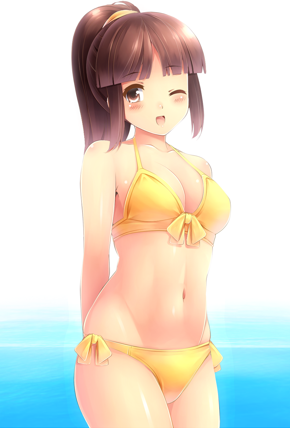 1girl, arms_behind_back, bad_id, bad_pixiv_id, bikini, blunt_bangs, breasts, brown_eyes
