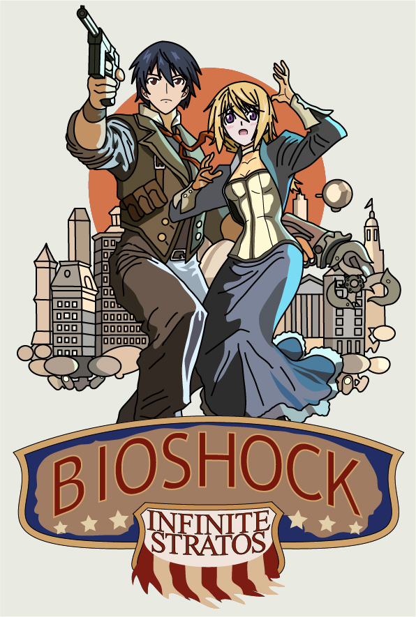 1boy, 1girl, 471_kakka, bioshock, bioshock_(series), bioshock_infinite, booker_dewitt, booker_dewitt_(cosplay), charlotte_dunois, choker, corset, cosplay, derivative_work, dual_wielding, elizabeth_(bioshock_infinite), elizabeth_(bioshock_infinite)_(cosplay), father_and_child, father_and_daughter, gun, handgun, holding, infinite_stratos, mauser_c96, orimura_ichika, parent_and_child, weapon