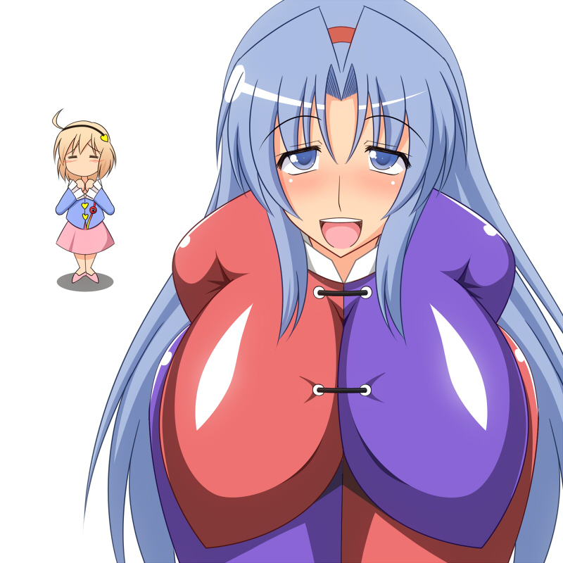 2girls, bent_over, blonde_hair, blue_eyes, blue_hair, breasts, cosplay, dress