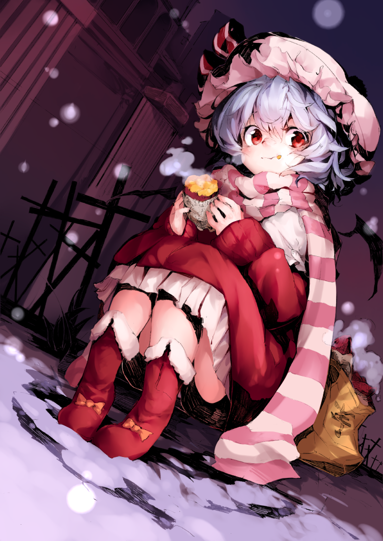 1girl, :t, alternate_costume, blue_hair, boots, derivative_work, dutch_angle, eating, female_focus, food, food_on_face, hat, junwool, looking_at_viewer, oshake, red_eyes, remilia_scarlet, scarf, short_hair, sitting, snow, snowing, solo, steam, sweet_potato, touhou