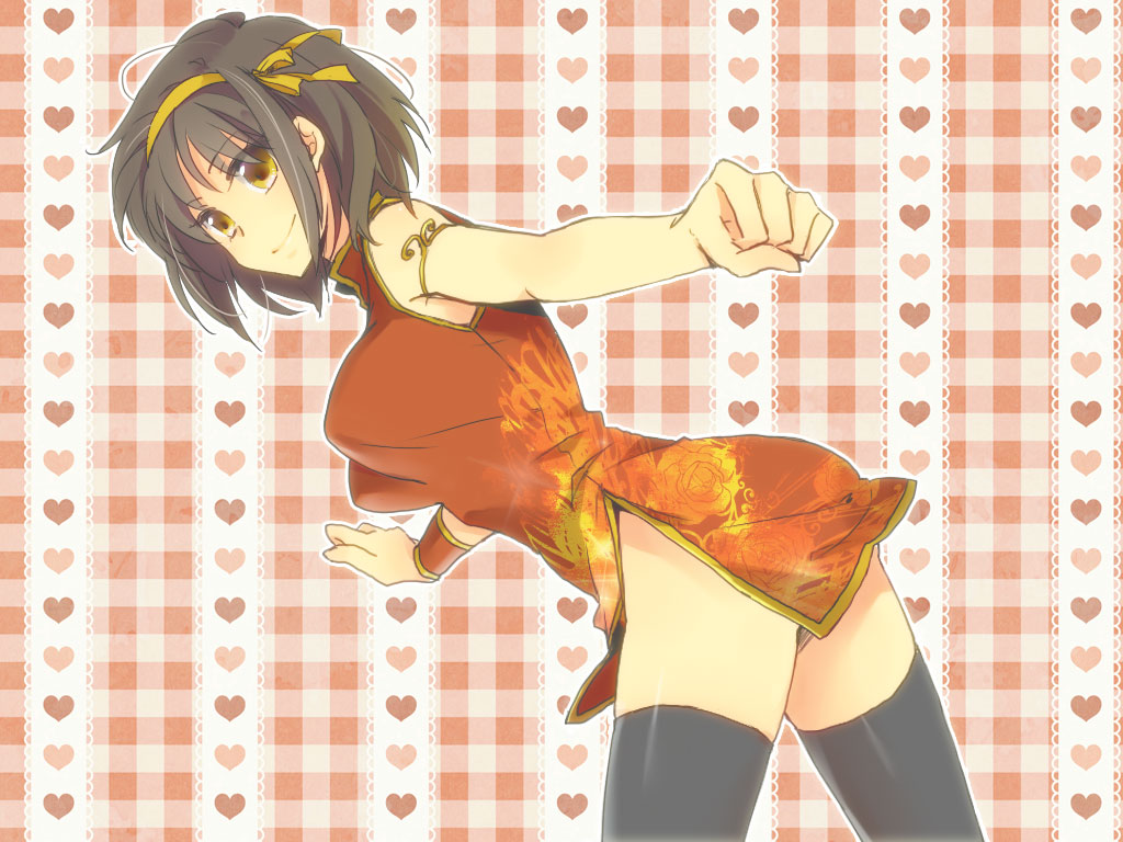 1girl, black_thighhighs, bracelet, brown_hair, chinese_clothes, clenched_hand, female_focus, flower, hair_ribbon, hand_gesture, heart, jewelry, leaning_forward, rei_(rsoujou), ribbon, short_hair, side_slit, smile, solo, suzumiya_haruhi, suzumiya_haruhi_no_yuuutsu, thighhighs, thighs, yellow_eyes