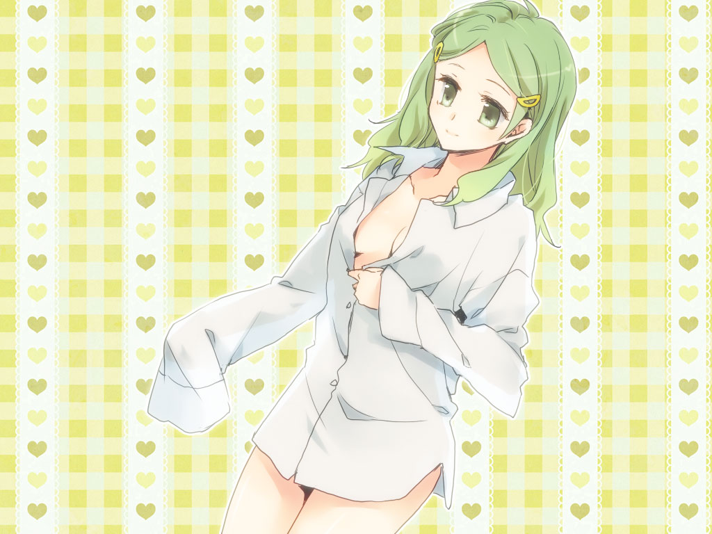 blouse, breasts, cleavage, green_eyes, green_hair, hair_ornament, hairclip, heart