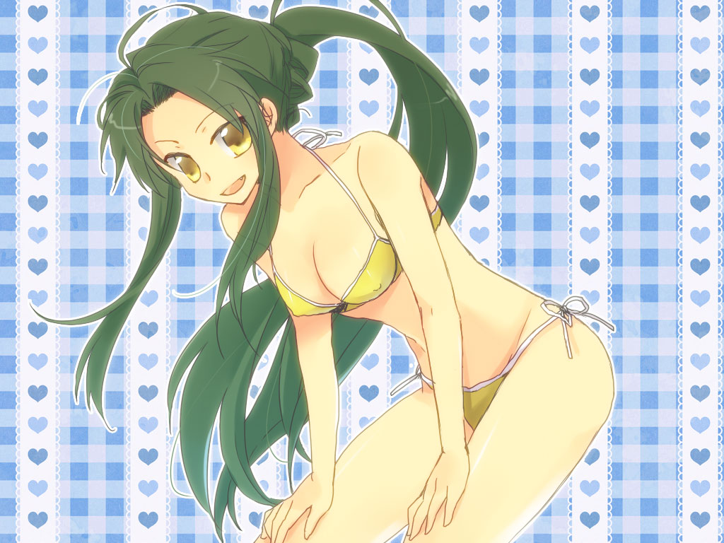 1girl, bikini, fang, female_focus, green_hair, halterneck, hands_on_thighs, heart