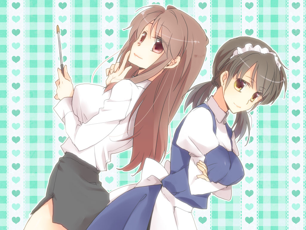 2girls, asahina_mikuru, asahina_mikuru_(adult), blouse, breasts, brown_hair, crossed_arms, hand_gesture