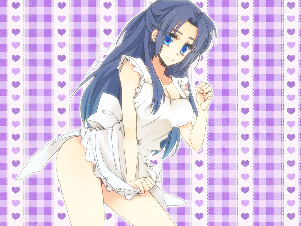 1girl, apron, asakura_ryoko, blue_eyes, blue_hair, bow, breasts, cleavage