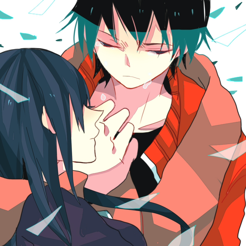 1boy, 1girl, bad_id, bad_pixiv_id, black_hair, closed_eyes, kagerou_project, kisaragi_shintarou