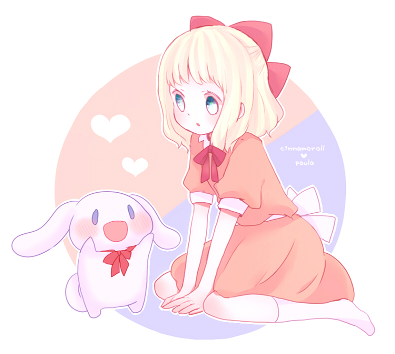 1girl, blonde_hair, blue_eyes, bow, cinnamoroll, creature, female_focus, fuwa_fuwa_cinnamoroll